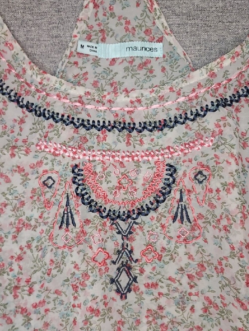 Maurices Off White Pink Green Floral Embroidered Semi Sheer Racerback Top Size M - Picture 7 of 8